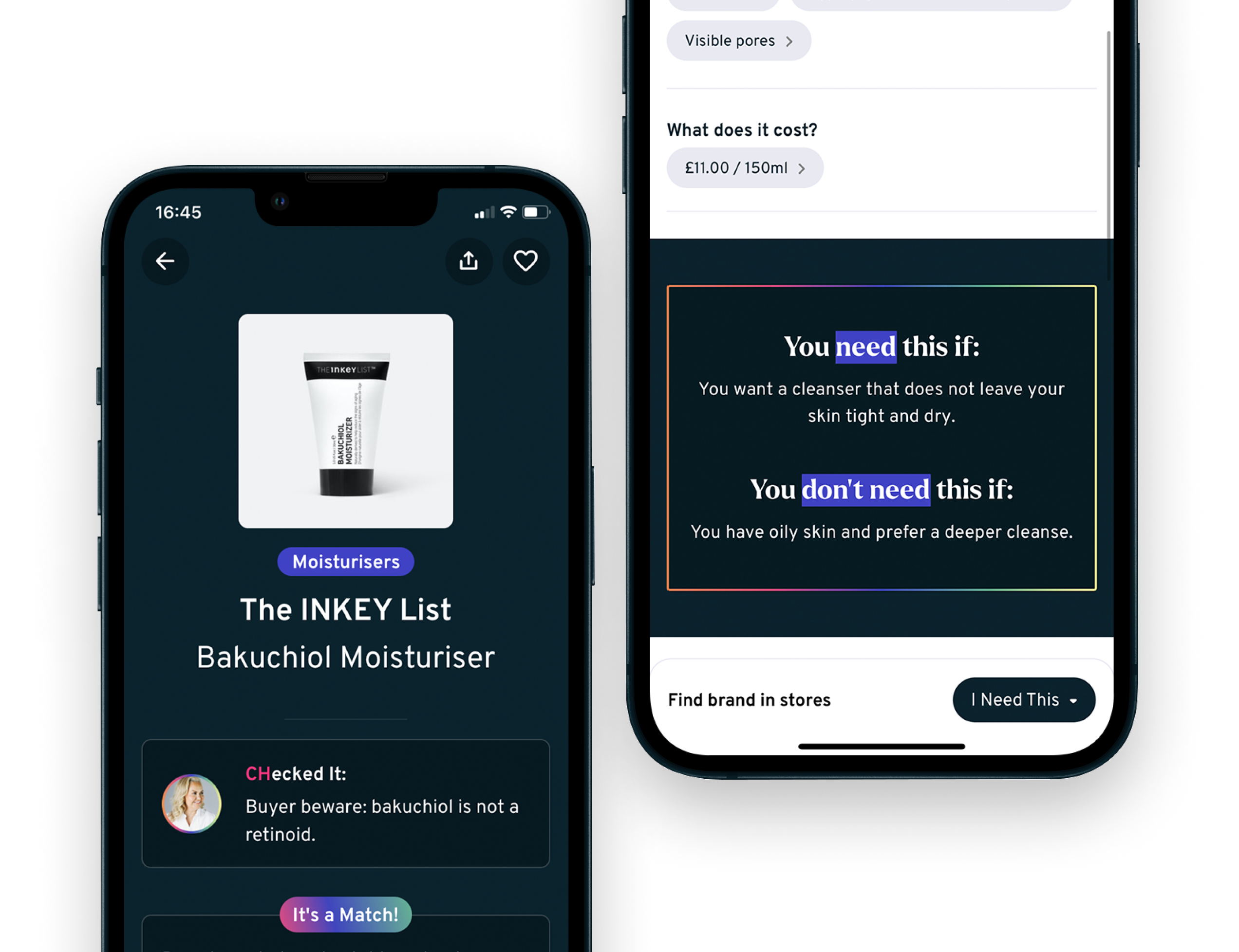 Image of two phone screens showing product pages within the app. The first screen shows the product page for The Inkey List Bakuchiol Moisturiser with text below 'CH checked it: Buyer beware bakuchiol is not a retinoid